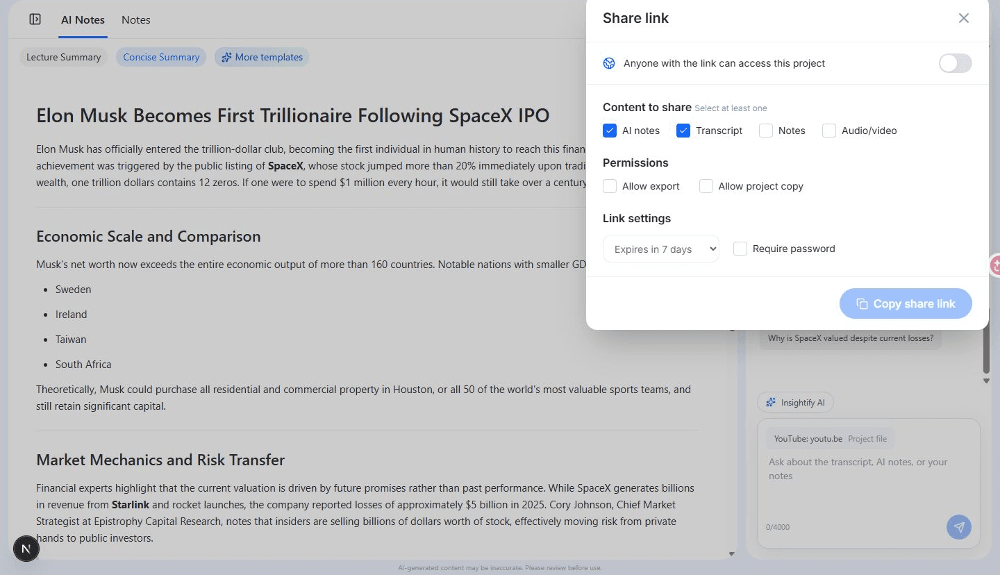 Insightify project workspace with controlled share link content, permission, expiry, and password settings